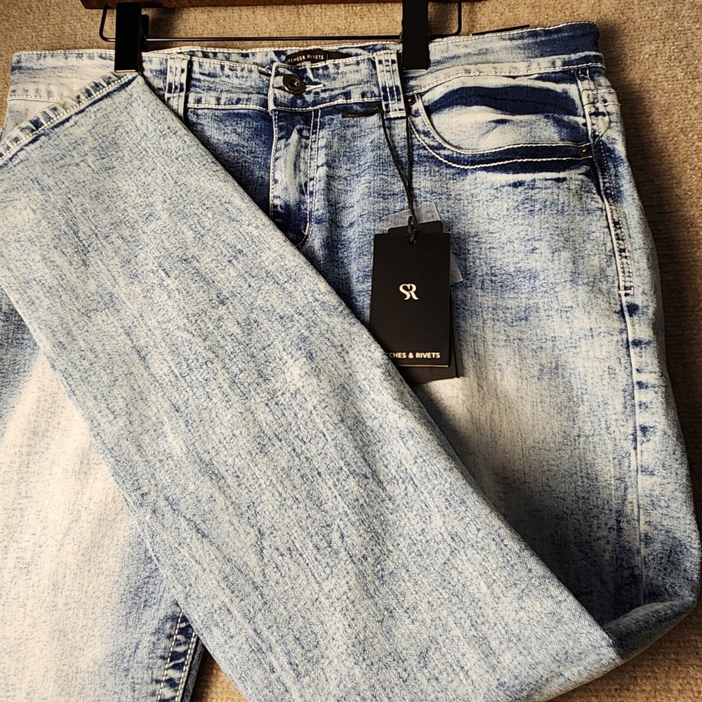 Stitches & Rivets Straight Leg Jeans Mens 36 Light Blue Acid Wash Stretch SR86